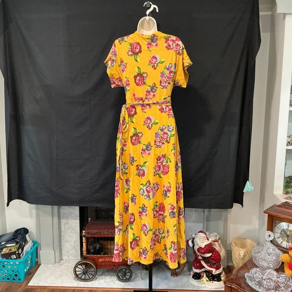 Matilda Jane‎ Wrap Dress Maxi S/M Yellow Floral Cotton V-Neck Short Sleeve Boho